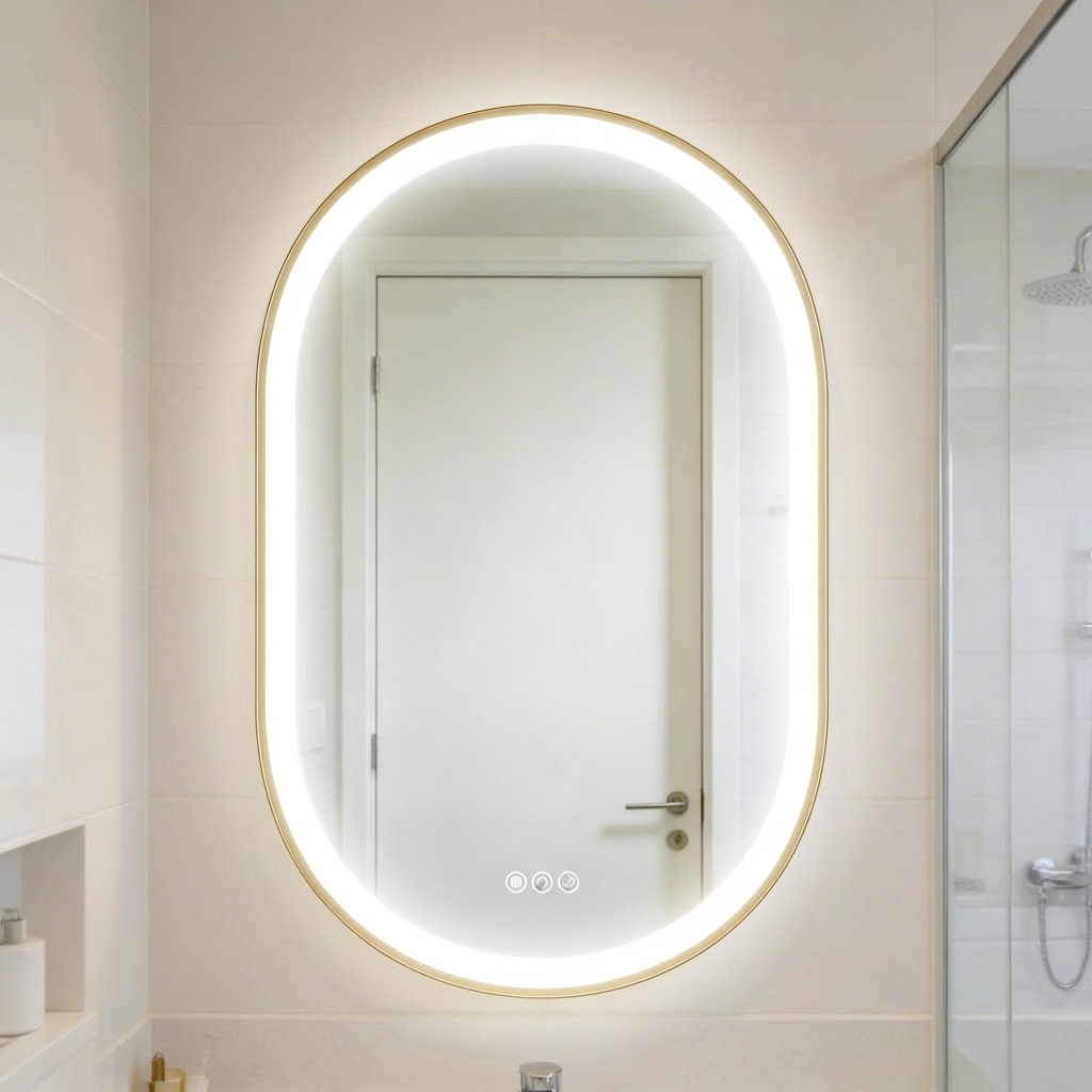 Ellie 22" x 32" pill front lit LED mirror with Brushed Gold frame