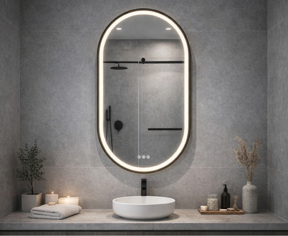 Ellie 22" x 32" pill front lit LED mirror with Brushed Gold frame