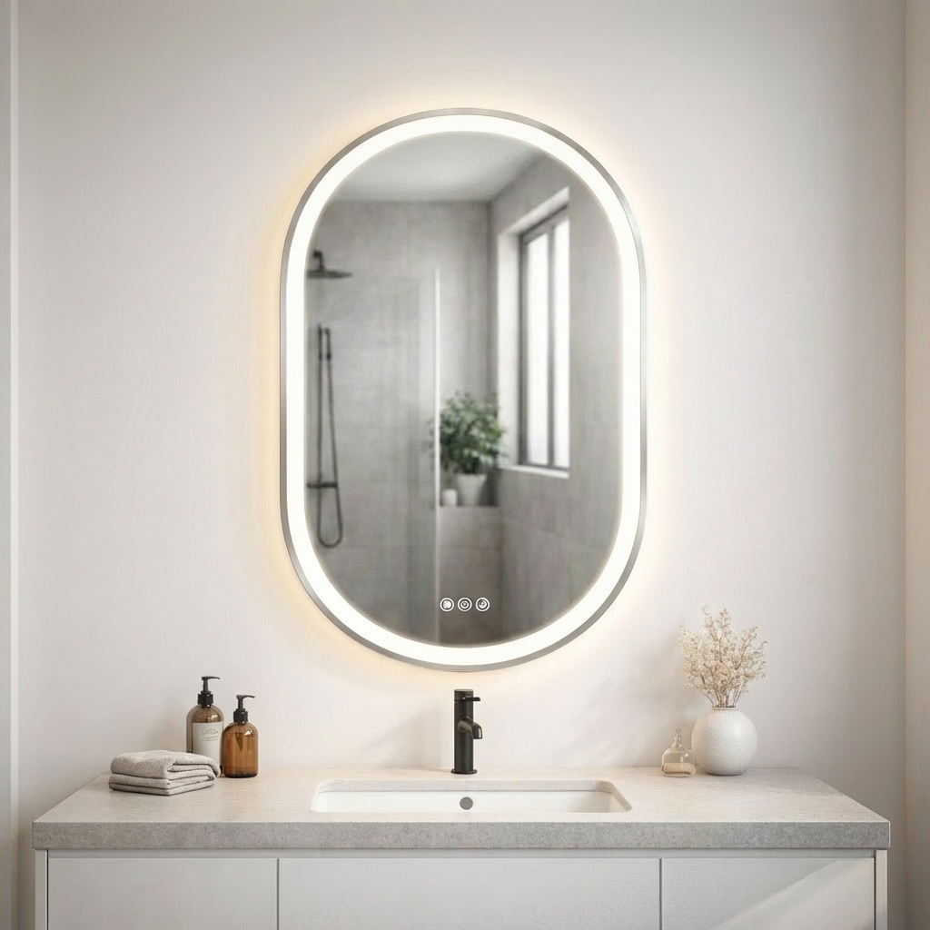 Ellie 22" x 32" pill front lit LED mirror with Brushed Gold frame