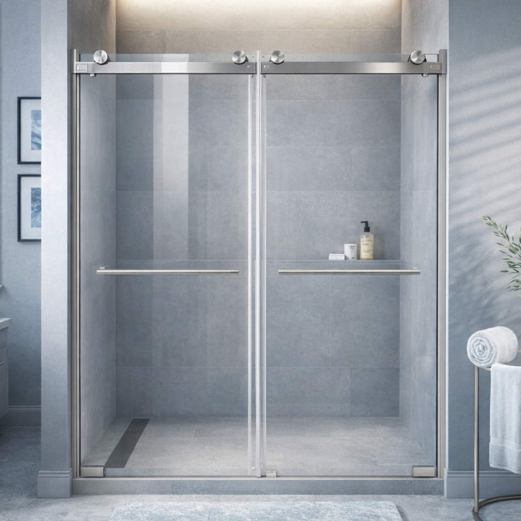 Catey 56" - 60" bypass shower door wth Brushed Nickel hardware (soft-close)